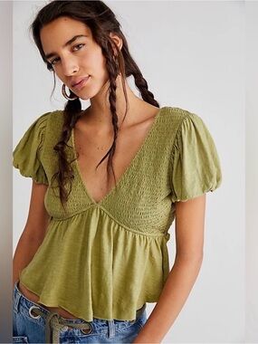 Free People Olive Green Smocked V-Neck Peplum Crop Top